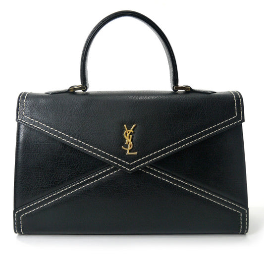 YVES SAINT LAURENT 総革カサンドラ ロゴ台形ハンドバッグ（黒）