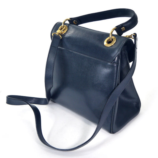 YVES SAINT LAURENT 総革ロゴステッチ ショルダー付ハンドバッグ（紺）