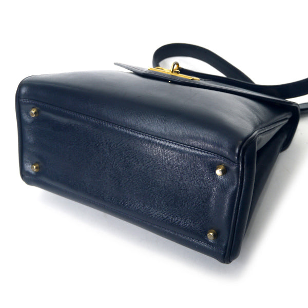 YVES SAINT LAURENT 総革ロゴステッチ ショルダー付ハンドバッグ（紺）