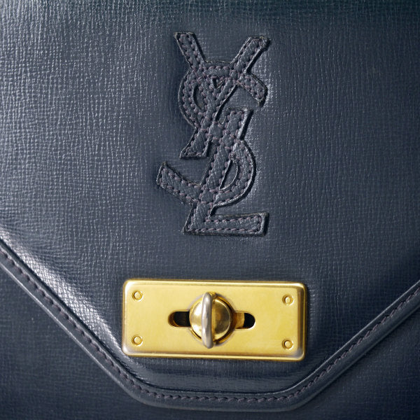 YVES SAINT LAURENT 総革ロゴステッチ ショルダー付ハンドバッグ（紺）