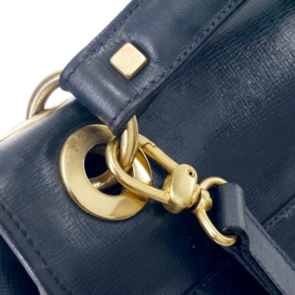YVES SAINT LAURENT 総革ロゴステッチ ショルダー付ハンドバッグ（紺）