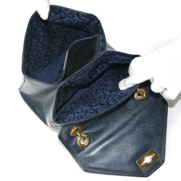 YVES SAINT LAURENT 総革ロゴステッチ ショルダー付ハンドバッグ（紺）