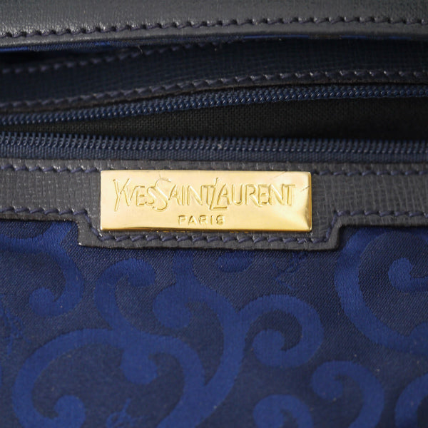 YVES SAINT LAURENT 総革ロゴステッチ ショルダー付ハンドバッグ（紺）