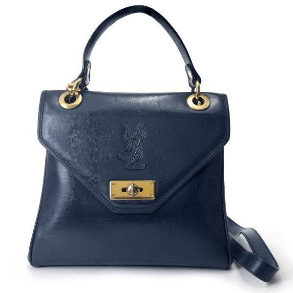 YVES SAINT LAURENT 総革ロゴステッチ ショルダー付ハンドバッグ（紺）
