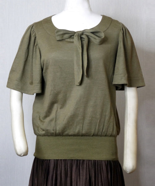 YSL 　フレア袖リボン半袖ニット（ライトカーキ）