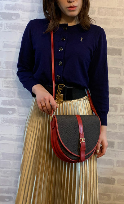 YVES SAINT LAURENT バイカラー半円2WAYショルダー（赤&グレー系）