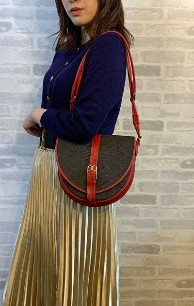 YVES SAINT LAURENT バイカラー半円2WAYショルダー（赤&グレー系）