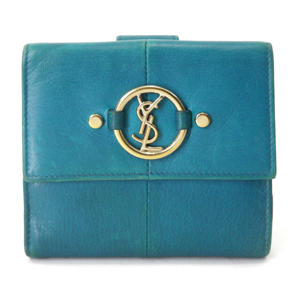 YVESSANTLAURENT　ロゴ金具Wホック総革折り財布（コバルト/箱付）