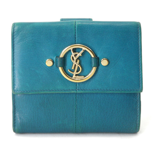 YVESSANTLAURENT　ロゴ金具Wホック総革折り財布（コバルト/箱付）