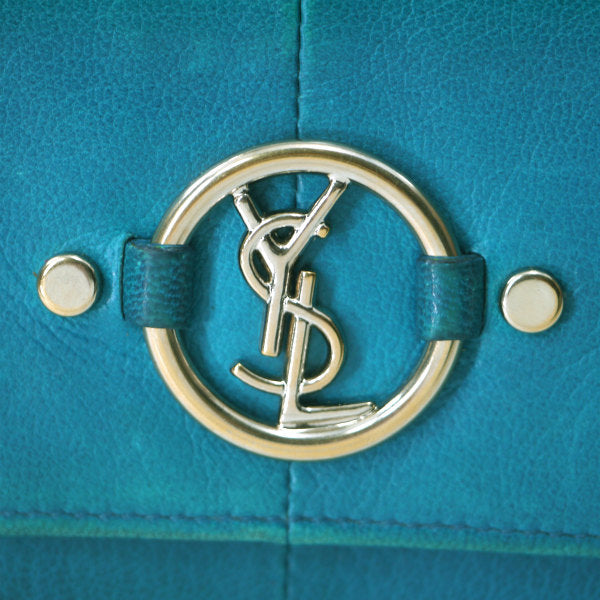 YVESSANTLAURENT　ロゴ金具Wホック総革折り財布（コバルト/箱付）