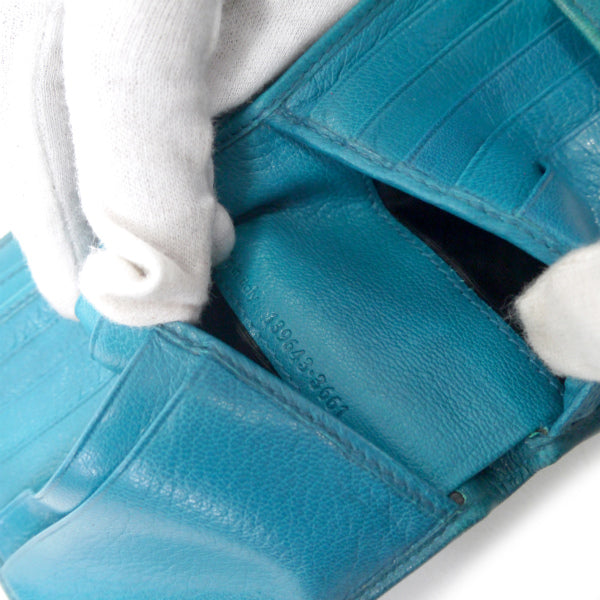 YVESSANTLAURENT　ロゴ金具Wホック総革折り財布（コバルト/箱付）