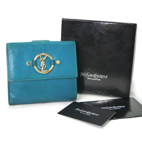 YVESSANTLAURENT　ロゴ金具Wホック総革折り財布（コバルト/箱付）