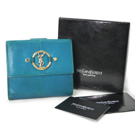 YVESSANTLAURENT　ロゴ金具Wホック総革折り財布（コバルト/箱付）