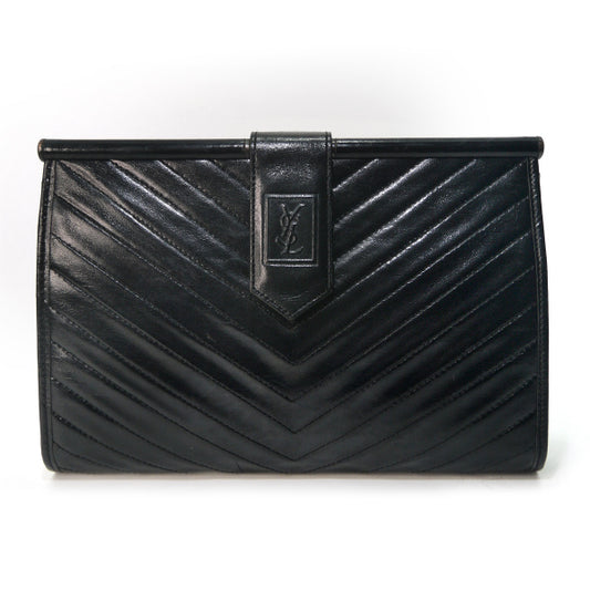 YVES SAINT LAURENT 総革Vステッチロゴクラッチバッグ（黒）
