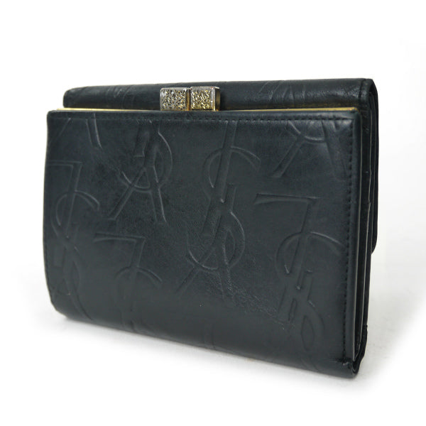 YVESSANTLAURENT　総ロゴ柄がま口レザー折り財布（黒）