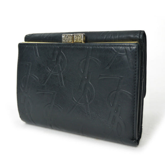 YVESSANTLAURENT　総ロゴ柄がま口レザー折り財布（黒）