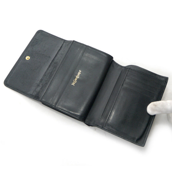 YVESSANTLAURENT　総ロゴ柄がま口レザー折り財布（黒）
