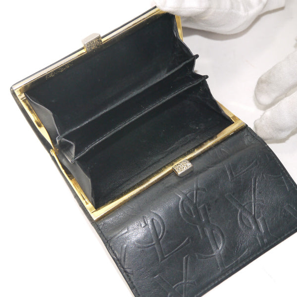 YVESSANTLAURENT　総ロゴ柄がま口レザー折り財布（黒）