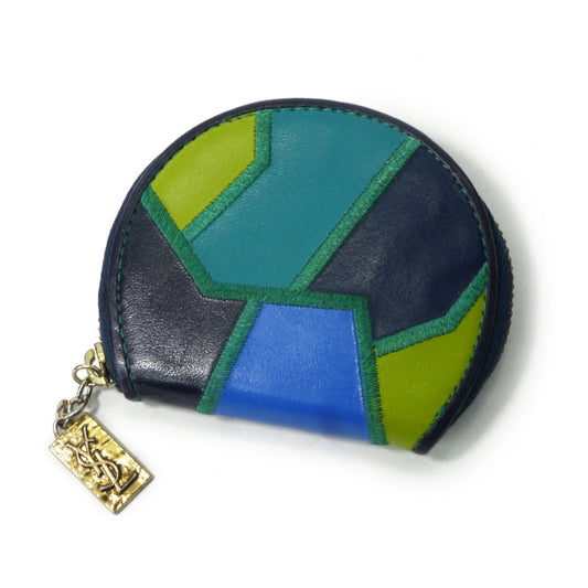 YVESSANTLAURENT　レザー切り替えラウンドコインケース（青系）