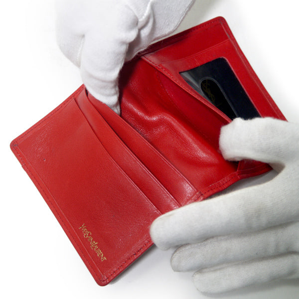 YVESSAINTLAURENT　レザー切り替えロゴ カードケース（赤系）