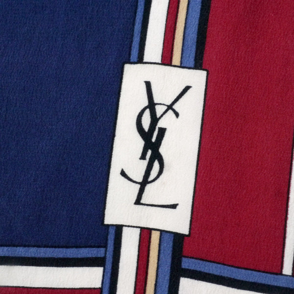 YVES SAINT LAURENT チェック柄フリンジシルクロングスカーフ（ネイビー系）