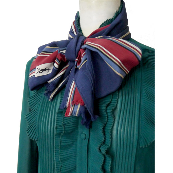 YVES SAINT LAURENT チェック柄フリンジシルクロングスカーフ（ネイビー系）