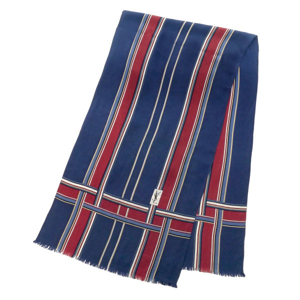 YVES SAINT LAURENT チェック柄フリンジシルクロングスカーフ（ネイビー系）