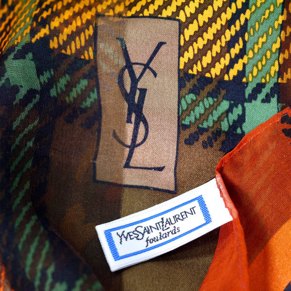 YVES SAINT LAURENT  チェック&花柄シルクストール（オレンジ系）