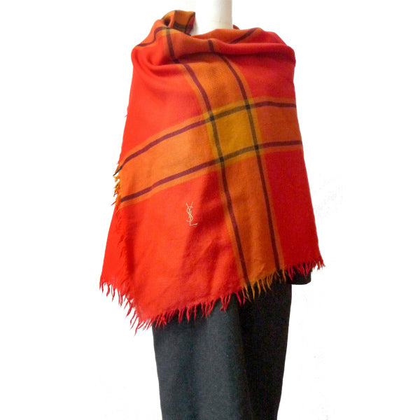 YVES SAINT LAURENT  チェック柄ロゴウールストール（オレンジ系）
