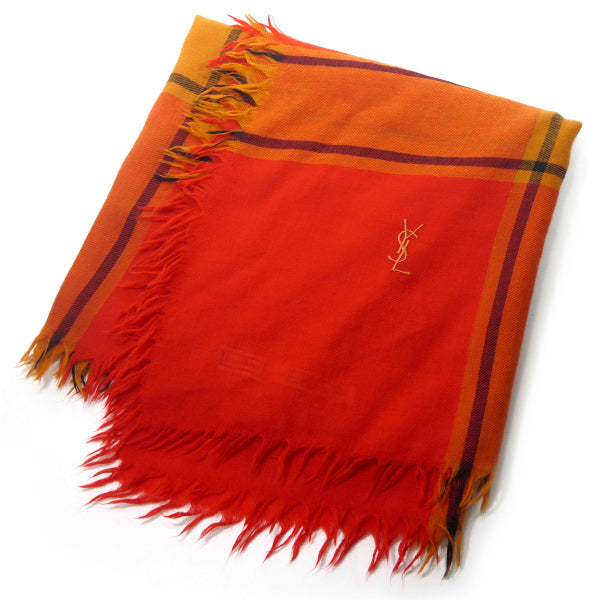 YVES SAINT LAURENT  チェック柄ロゴウールストール（オレンジ系）
