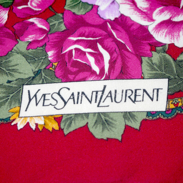 YVES SAINT LAURENT ペイズリーフラワー柄シルク大判スカーフ （赤系