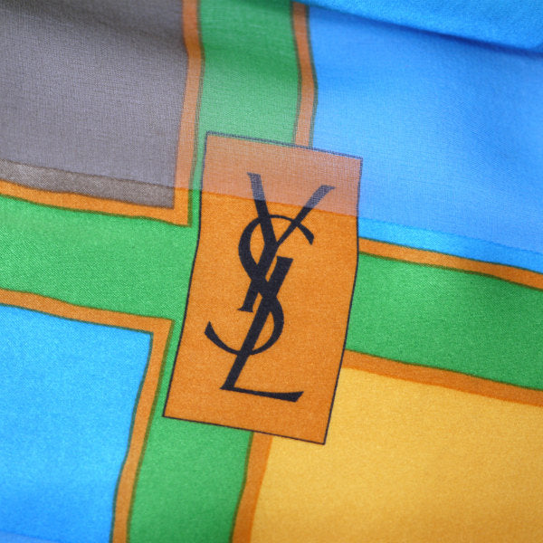 YVES SAINT LAURENT シルク大判スカーフ マルチブロックカラー（赤系