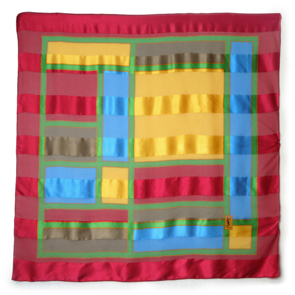 YVES SAINT LAURENT シルク大判スカーフ マルチブロックカラー（赤系）