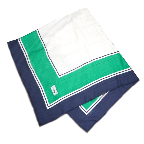 YVES SAINT LAURENT ロゴ入りシルク大判フリンジショール（緑系）