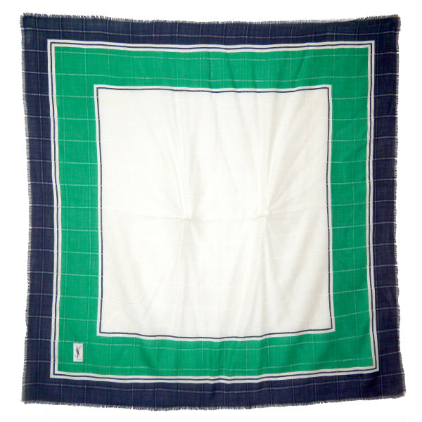 YVES SAINT LAURENT ロゴ入りシルク大判フリンジショール（緑系）