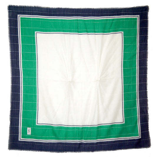 YVES SAINT LAURENT ロゴ入りシルク大判フリンジショール（緑系）