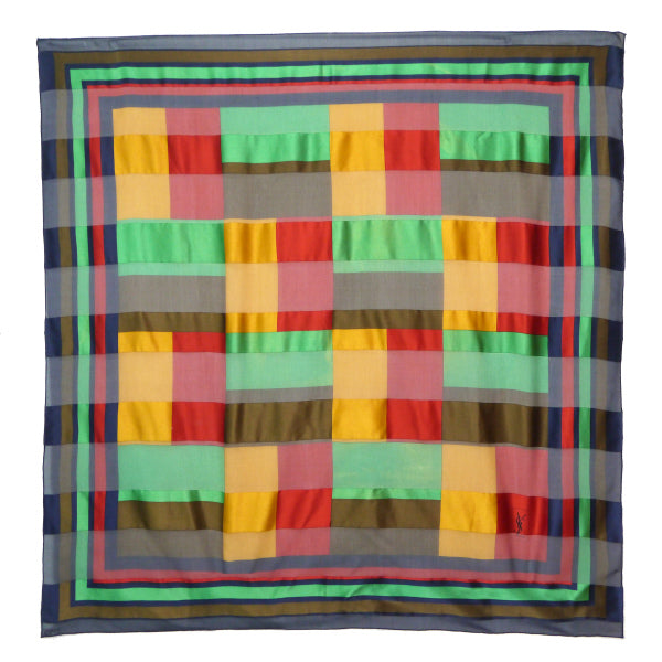 YVES SAINT LAURENT シルク大判スカーフ マルチブロックカラー（赤系）