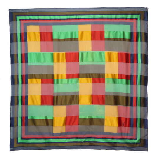 YVES SAINT LAURENT シルク大判スカーフ マルチブロックカラー（赤系）