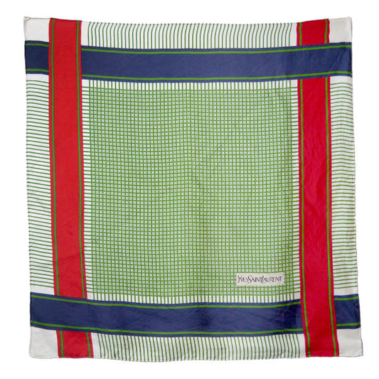 YVES SAINT LAURENT シルク大判スカーフ　チェック柄（緑/赤/紺）