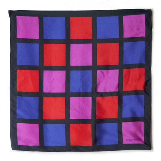 YVES SAINT LAURENT シルク中判スカーフ　ブロックチェック柄（黒/赤/青）
