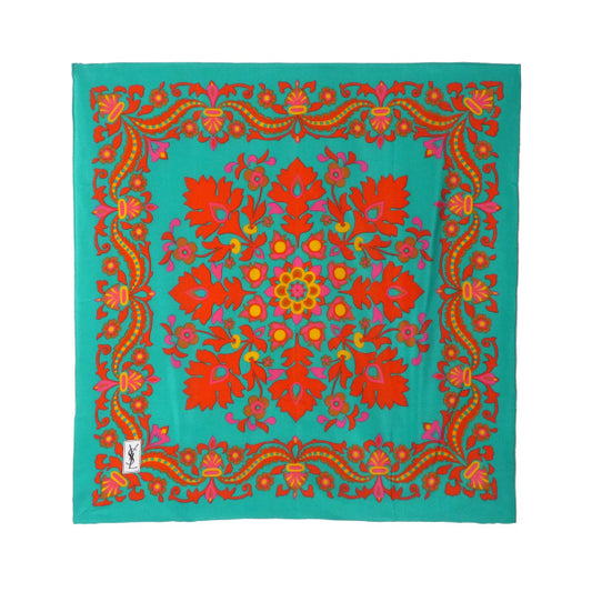 YVES SAINT LAURENT ペイズリー柄シルク中判スカーフ（エメラルド）