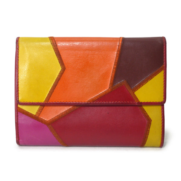 サンローラン　本皮パッチワーク財布（赤系）