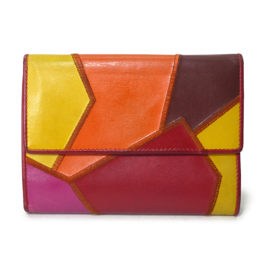 サンローラン　本皮パッチワーク財布（赤系）