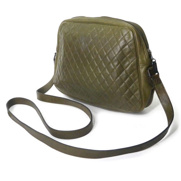 YVES SAINT LAURENT エンボスロゴ総革キルティングショルダー（カーキ）