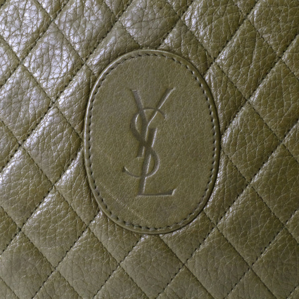 YVES SAINT LAURENT エンボスロゴ総革キルティングショルダー（カーキ）