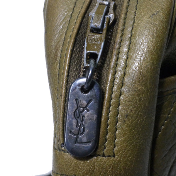 YVES SAINT LAURENT エンボスロゴ総革キルティングショルダー（カーキ）