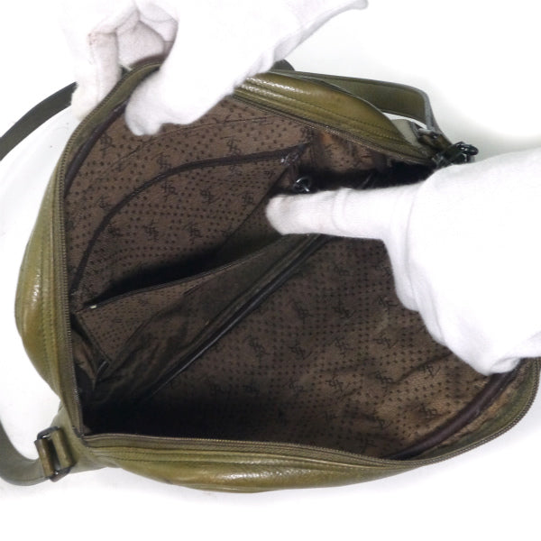 YVES SAINT LAURENT エンボスロゴ総革キルティングショルダー（カーキ）