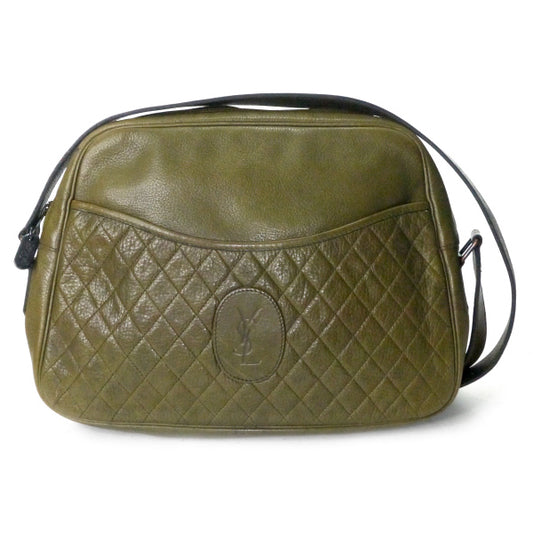 YVES SAINT LAURENT エンボスロゴ総革キルティングショルダー（カーキ）