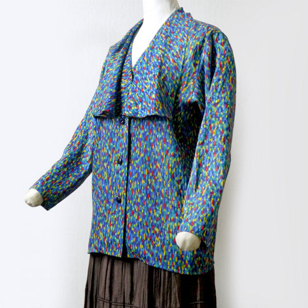 YSL　マルチカラービッグ襟ブラウス（青系）