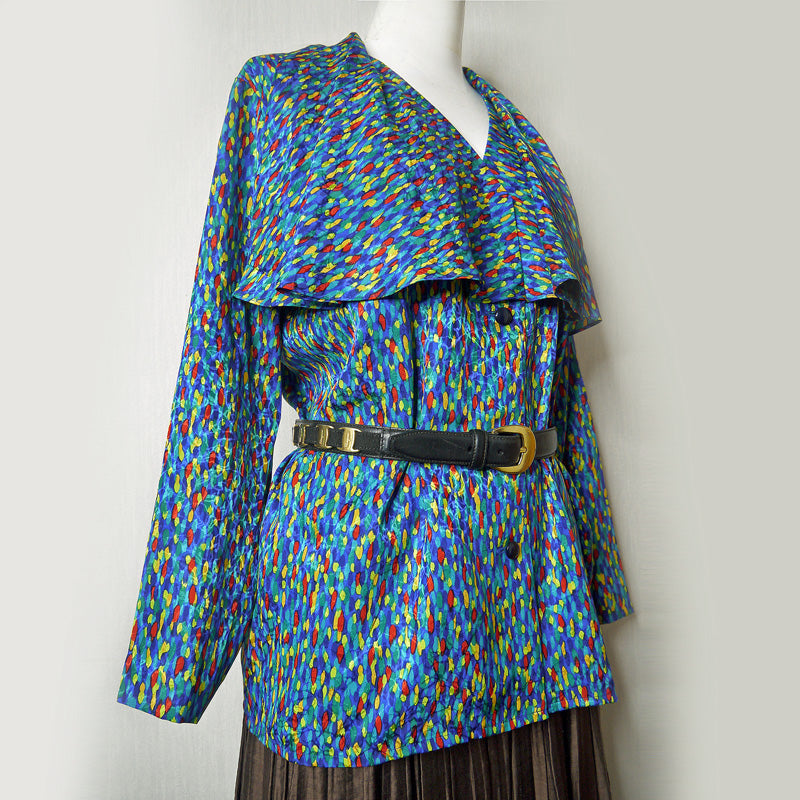 YSL　マルチカラービッグ襟ブラウス（青系）